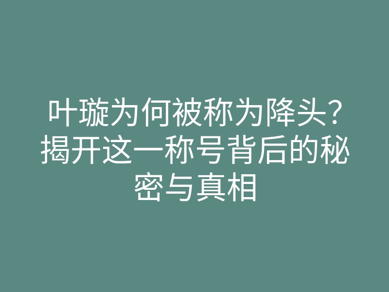 叶璇为何被称为降头?揭开这一称号背后的秘密与真相