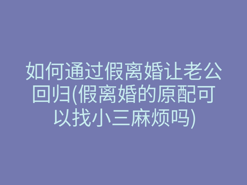 如何通过假离婚让老公回归(假离婚的原配可以找小三麻烦吗)