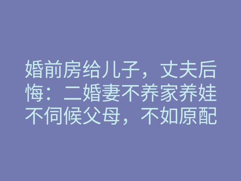 婚前房给儿子，丈夫后悔：二婚妻不养家养娃不伺候父母，不如原配