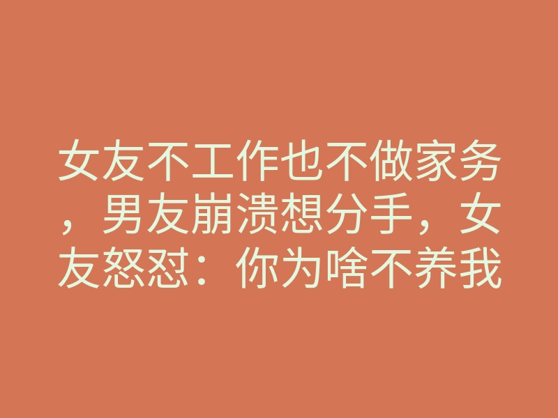 女友不工作也不做家务,男友崩溃想分手,女友怒怼:你为啥不养我