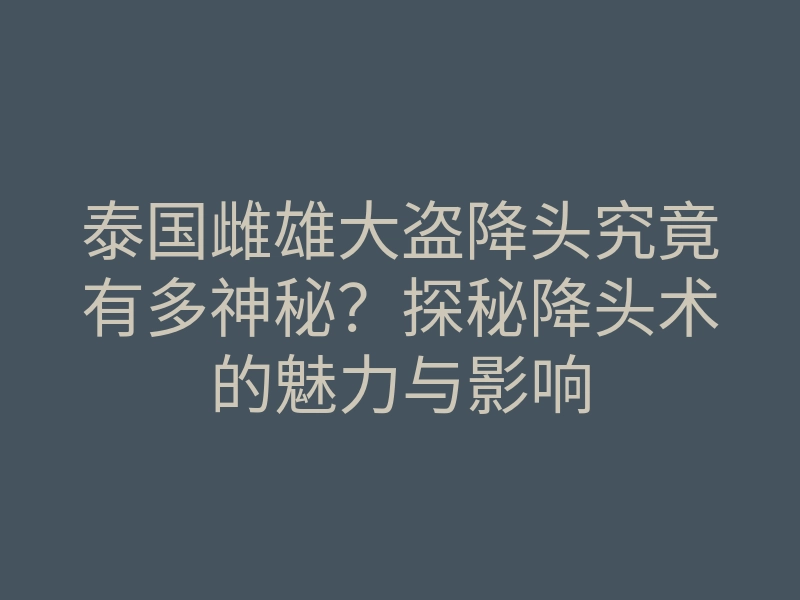 泰国雌雄大盗降头究竟有多神秘?探秘降头术的魅力与影响