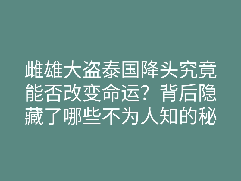 雌雄大盗泰国降头究竟能否改变命运?背后隐藏了哪些不为人知的秘密?